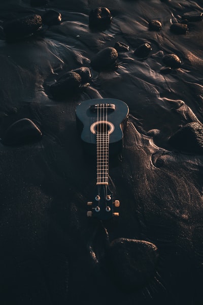 黑色沙滩上的白色和黑色电吉他
